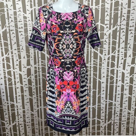 Gabby Skye Geometric Tropical Floral Print Zip Back Scuba Sheath Midi Dress sz 6 - Picture 1 of 16